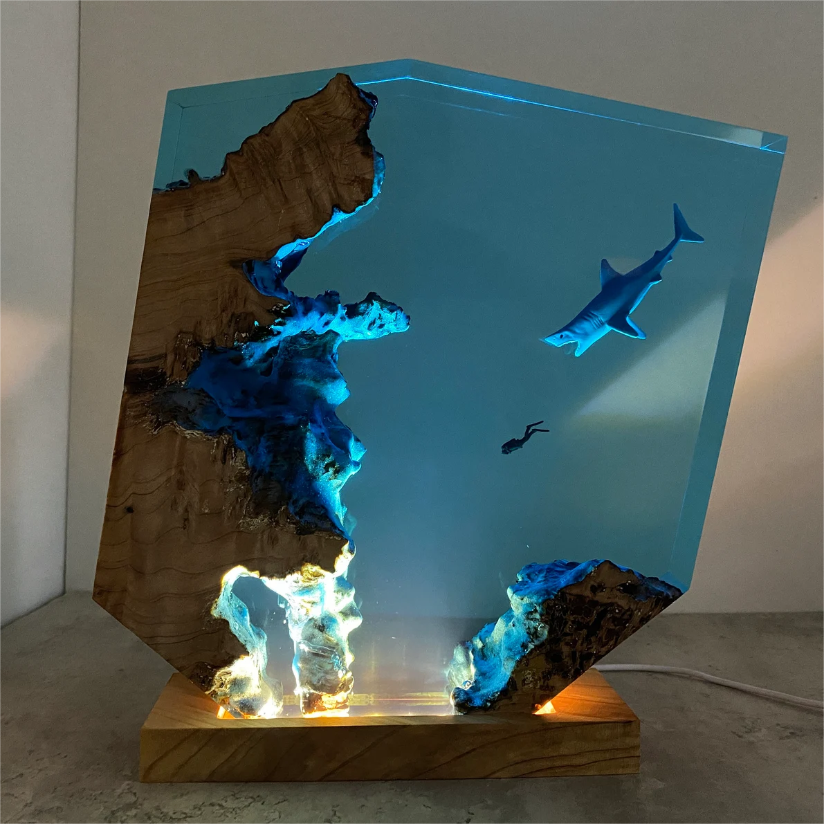 Sharks, divers, wood sculptures, epoxy resin lamp （ Best Gift 🎁 ）
