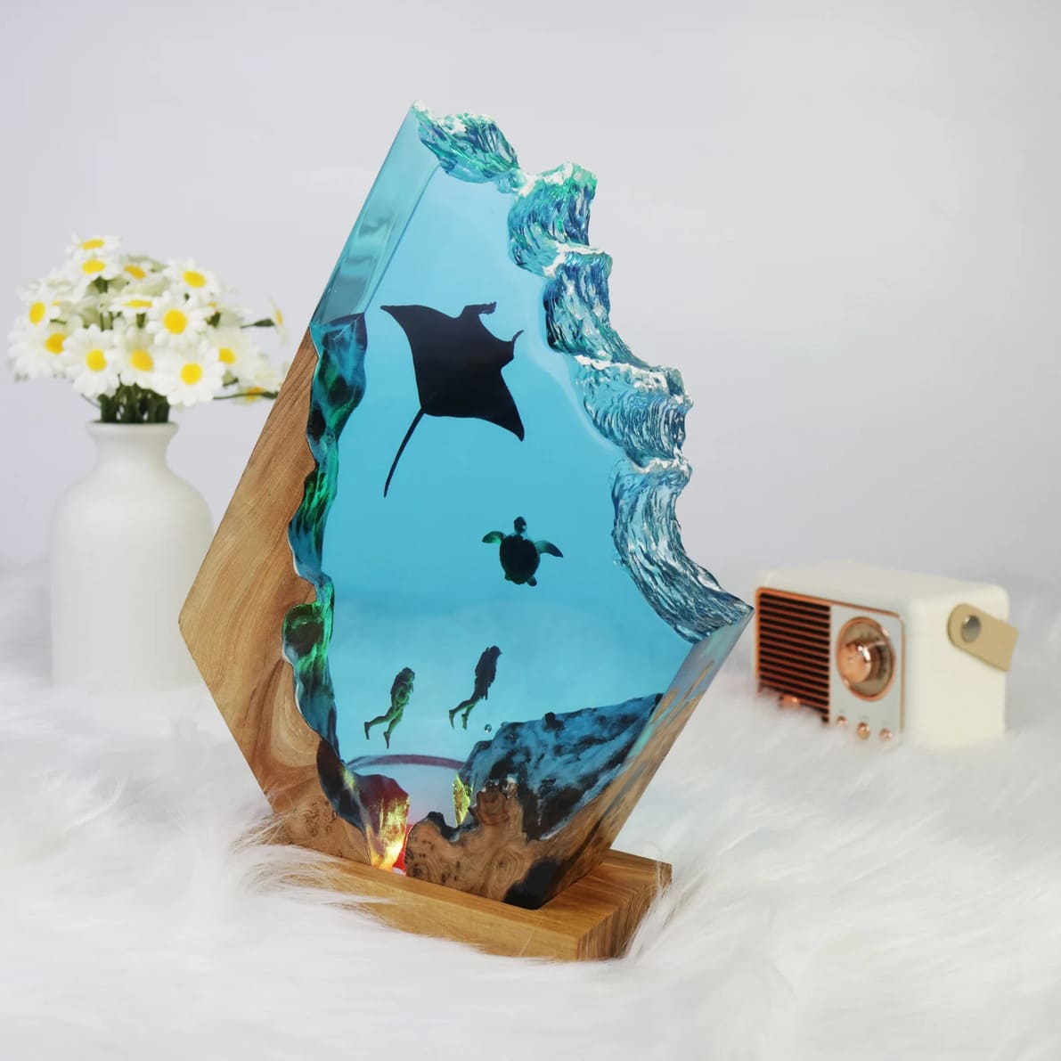 Manta ray, turtle, diver, wood sculpture, epoxy resin lamp（ Best Gift 🎁 ）
